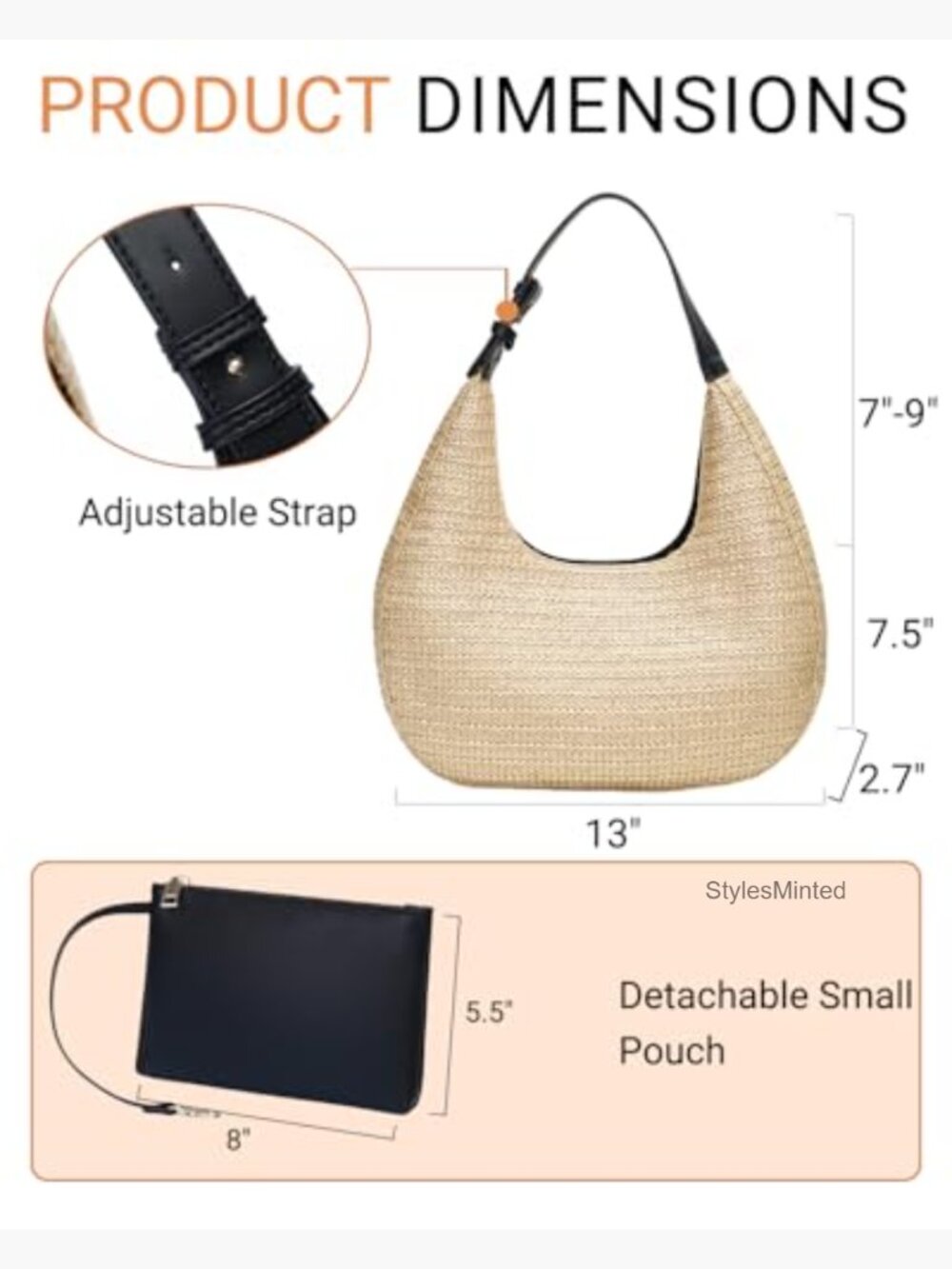 Handwoven Straw Hobo Crescent Bag Satchel with Adjustable Strap Tote Beach - Picture 5 of 7